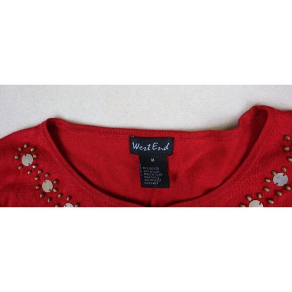 WEST END - WOMEN'S RED 3/4 SLEEVE BEADED PULLOVER SWEATER - SIZE M - Picture 6 of 9